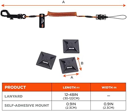 Ergodyne Squids 3151 Coiled Lanyard Tether with Swivel Hook, Detachable End, Self-Adhesive Mounts Included,Orange and Black